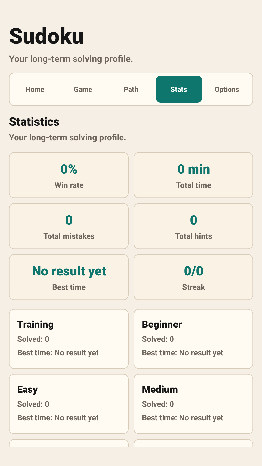 Sudoku game statistics screen